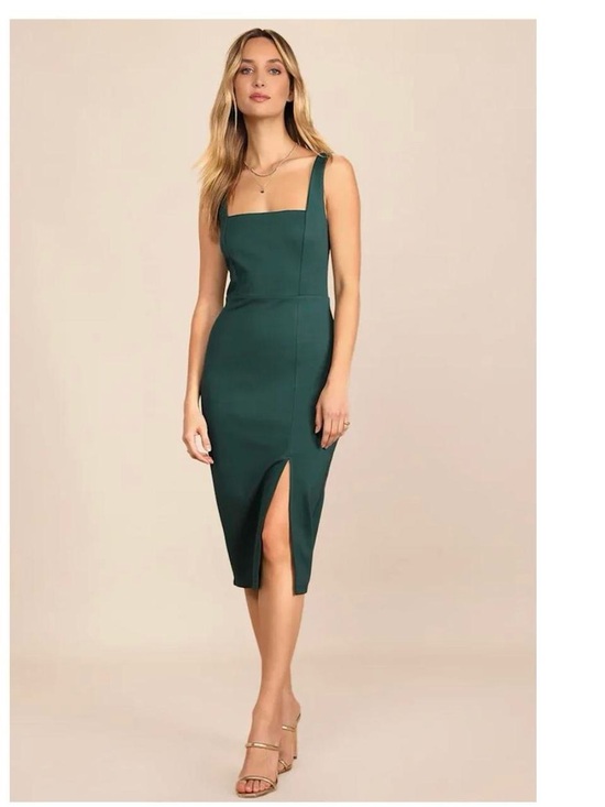 Lulus Dresses & Skirts - Lulu's Emerald Square-Neck Midi Dress with Front Slit